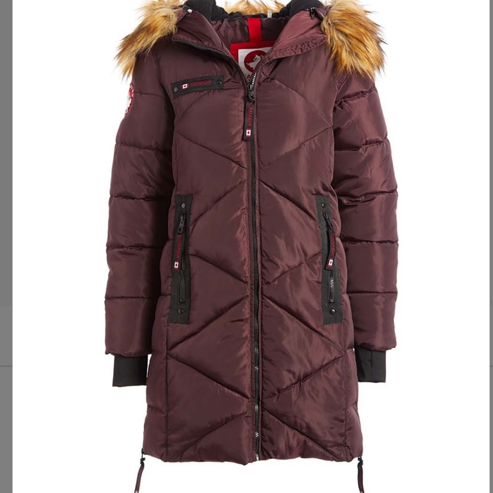 Canada Weather Gear- cranberry faux fur puffer
